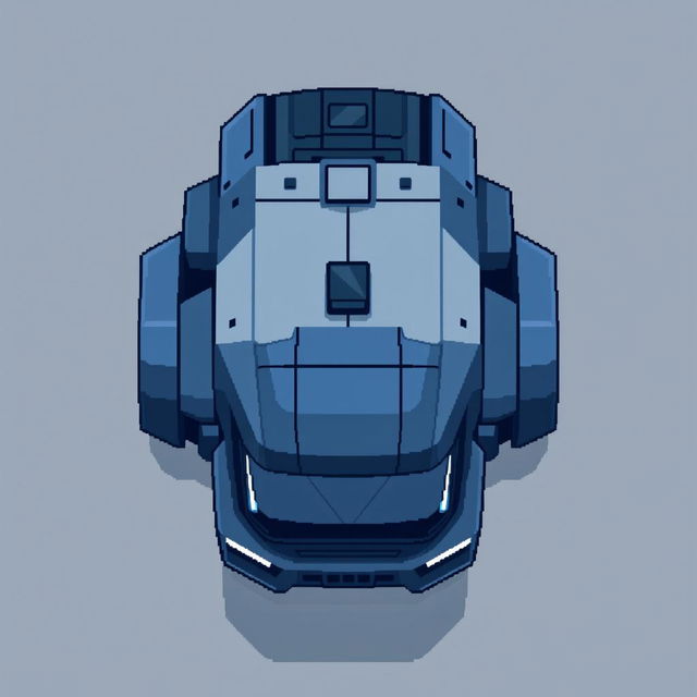 A futuristic truck in pixel art style, featuring a dark blue and gray color scheme