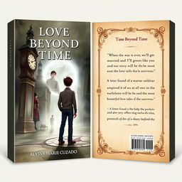 A book cover design themed around time travel, inspired by the year 1894, featuring both the front and back covers
