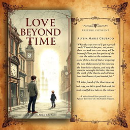 A book cover design themed around time travel, inspired by the year 1894, featuring both the front and back covers