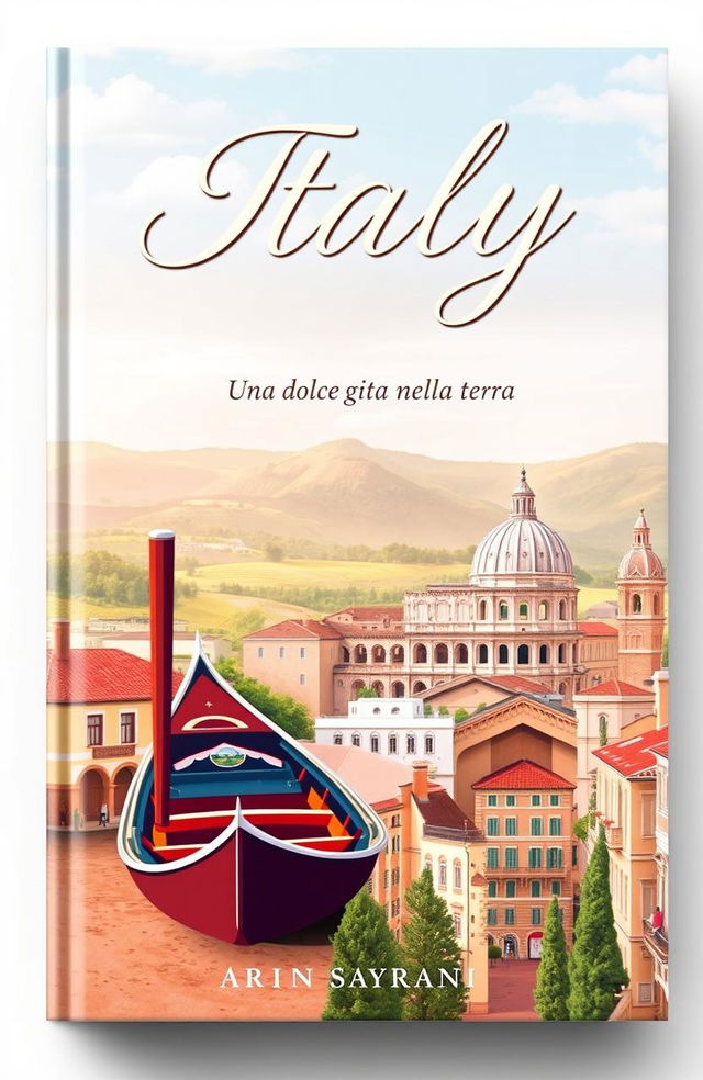 A beautiful book cover design featuring a scenic view of Italy, highlighting iconic landmarks such as a gondola in Venice and the Colosseum in Rome