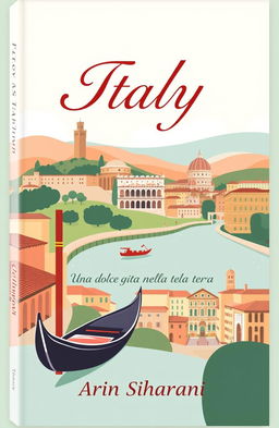 A beautiful book cover design featuring a scenic view of Italy, highlighting iconic landmarks such as a gondola in Venice and the Colosseum in Rome