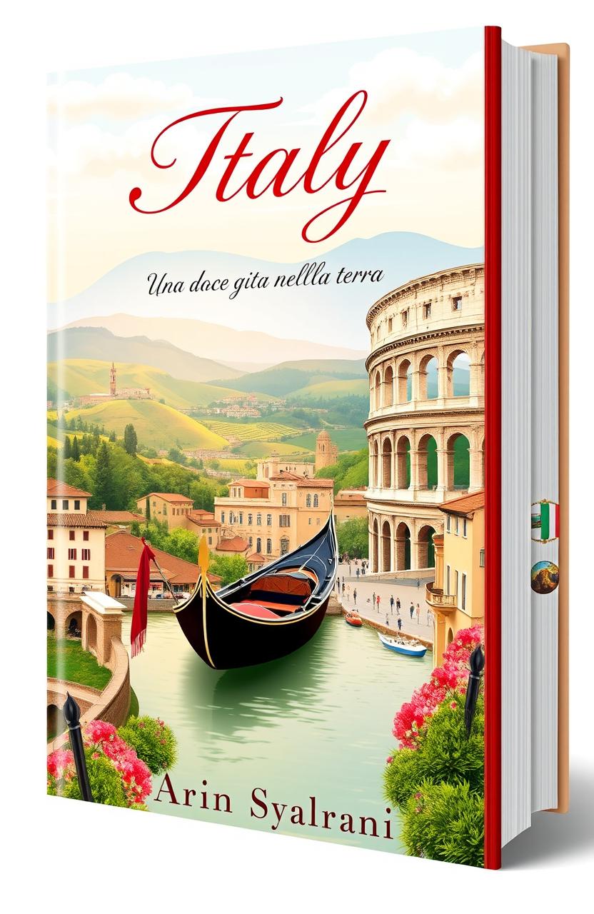 A beautiful book cover design featuring a scenic view of Italy, highlighting iconic landmarks such as a gondola in Venice and the Colosseum in Rome