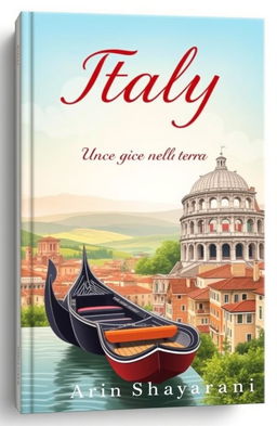 A beautiful book cover design featuring a scenic view of Italy, highlighting iconic landmarks such as a gondola in Venice and the Colosseum in Rome