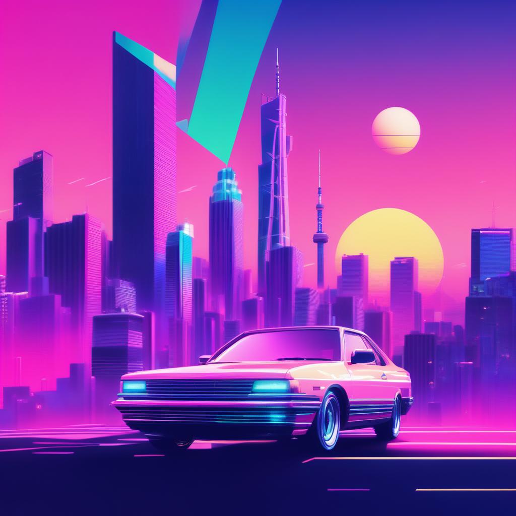 Vaporwave style album cover in pastel colors featuring a glitched Tokyo cityscape.