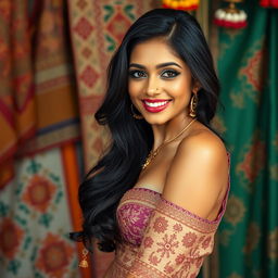 A stunning and sexy Indian woman, captivating with her enchanting dark hair and glowing skin