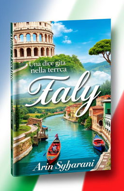 A stunning book cover design featuring picturesque landscapes of Italy, including iconic elements like the Colosseum, rolling hills of Tuscany, and boating in the canals of Venice