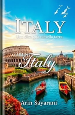A stunning book cover design featuring picturesque landscapes of Italy, including iconic elements like the Colosseum, rolling hills of Tuscany, and boating in the canals of Venice