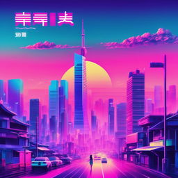 Vaporwave style album cover in pastel colors featuring a glitched Tokyo cityscape.