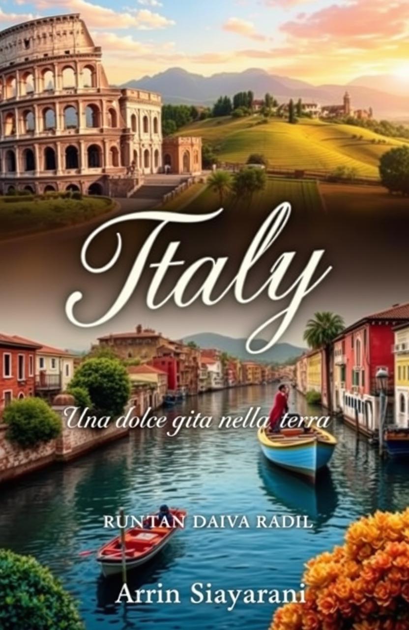 A stunning book cover design featuring picturesque landscapes of Italy, including iconic elements like the Colosseum, rolling hills of Tuscany, and boating in the canals of Venice