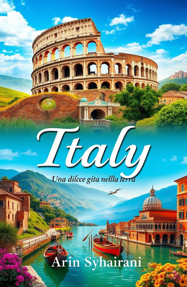 A stunning book cover design featuring picturesque landscapes of Italy, including iconic elements like the Colosseum, rolling hills of Tuscany, and boating in the canals of Venice