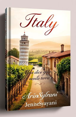 A stunning book cover design featuring a picturesque landscape of Italy, showcasing iconic elements such as the Leaning Tower of Pisa, lush vineyards, and quaint cobblestone streets