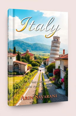 A stunning book cover design featuring a picturesque landscape of Italy, showcasing iconic elements such as the Leaning Tower of Pisa, lush vineyards, and quaint cobblestone streets