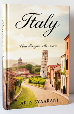 A stunning book cover design featuring a picturesque landscape of Italy, showcasing iconic elements such as the Leaning Tower of Pisa, lush vineyards, and quaint cobblestone streets