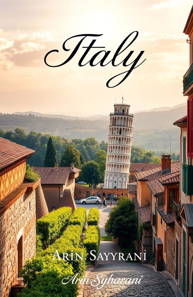 A stunning book cover design featuring a picturesque landscape of Italy, showcasing iconic elements such as the Leaning Tower of Pisa, lush vineyards, and quaint cobblestone streets