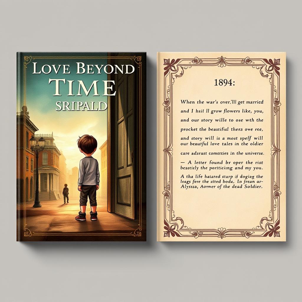 A book cover design inspired by the year 1894, centering around a time travel theme, featuring both the front and back covers distinctly illustrated