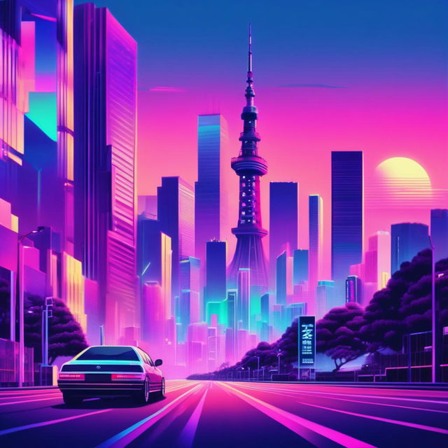 Vaporwave style album cover in pastel colors featuring a glitched Tokyo cityscape.