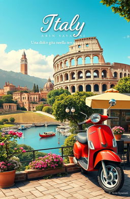 A beautiful and scenic representation of Italy, featuring iconic landmarks such as the Colosseum, gondolas in Venice, and rolling hills of Tuscany