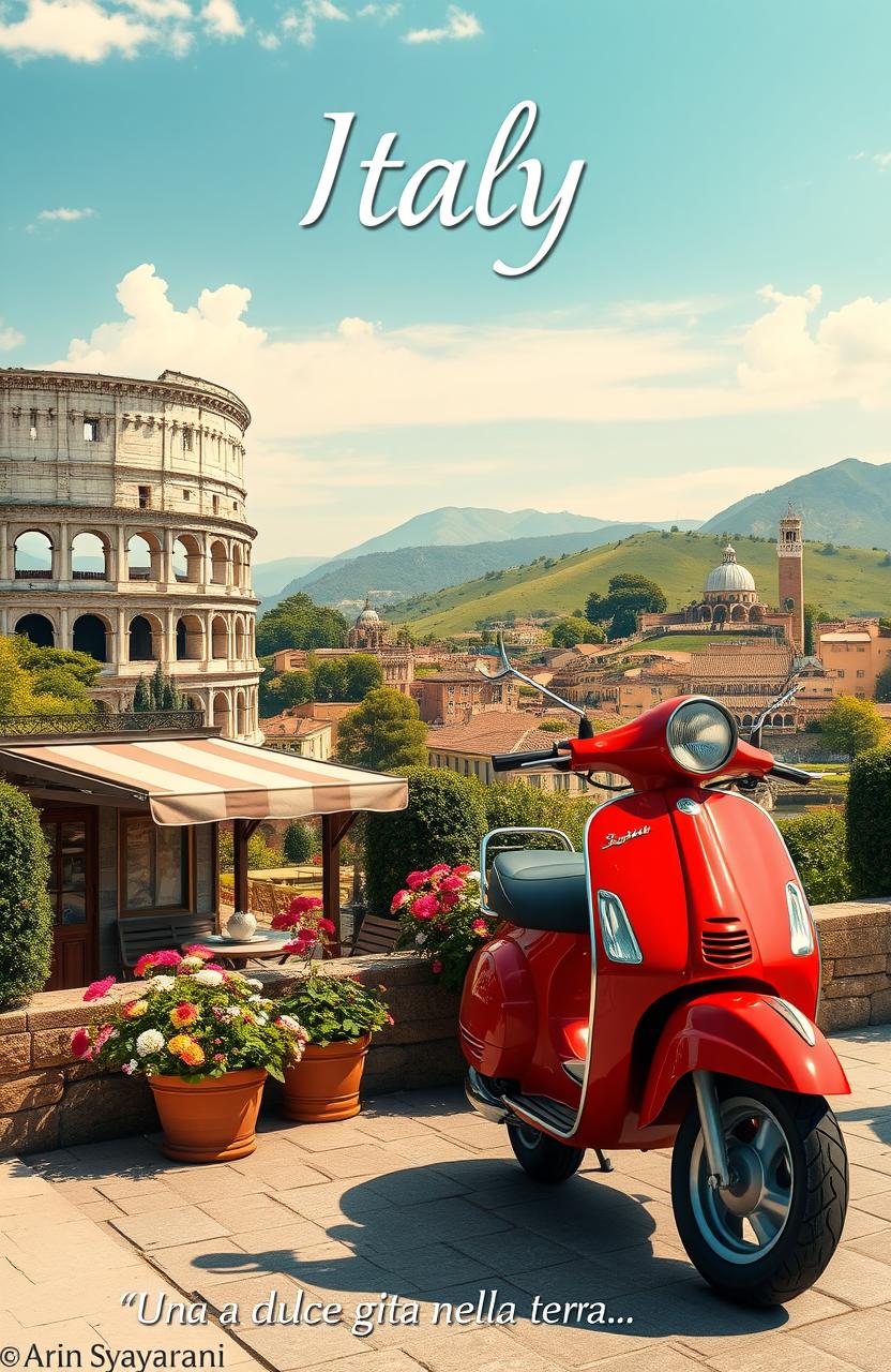 A beautiful and scenic representation of Italy, featuring iconic landmarks such as the Colosseum, gondolas in Venice, and rolling hills of Tuscany