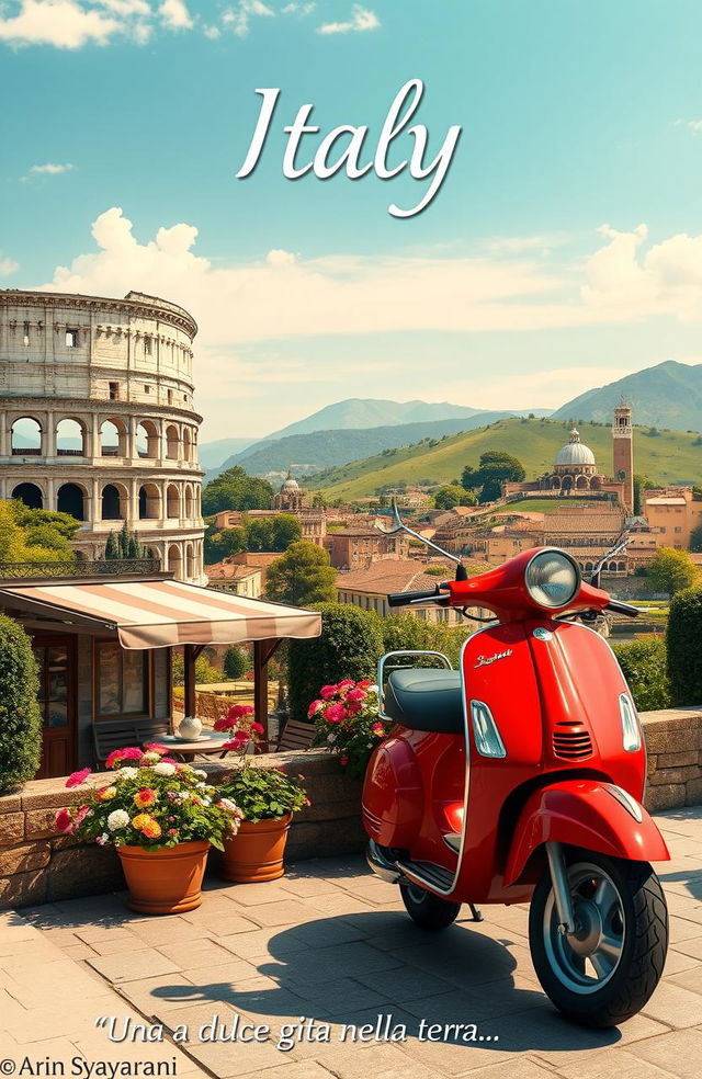 A beautiful and scenic representation of Italy, featuring iconic landmarks such as the Colosseum, gondolas in Venice, and rolling hills of Tuscany