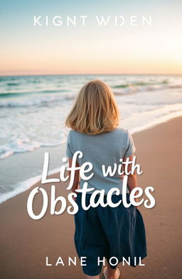 A book cover design featuring a young girl with shoulder-length blonde hair and blue-grey eyes, seen from behind as she walks along a serene beach
