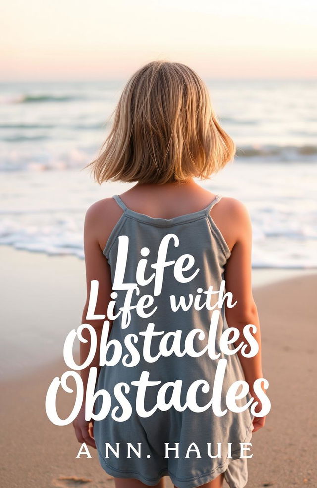 A book cover design featuring a young girl with shoulder-length blonde hair and blue-grey eyes, seen from behind as she walks along a serene beach