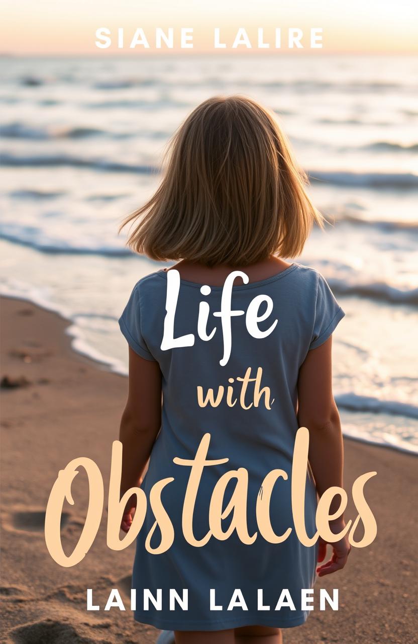 A book cover design featuring a young girl with shoulder-length blonde hair and blue-grey eyes, seen from behind as she walks along a serene beach