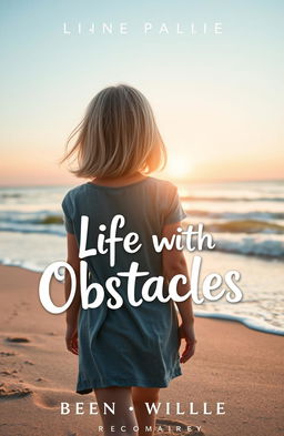 A book cover design featuring a young girl with shoulder-length blonde hair and blue-grey eyes, seen from behind as she walks along a serene beach