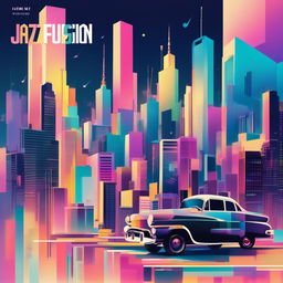 Jazz fusion album cover in pastel colors featuring a glitched Tokyo cityscape with floating musical instruments.