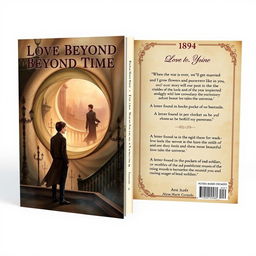 A book cover design embodying the theme of time travel, inspired by the year 1894, presented as both the front and back covers of a vintage-style book