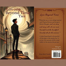 A book cover design embodying the theme of time travel, inspired by the year 1894, presented as both the front and back covers of a vintage-style book