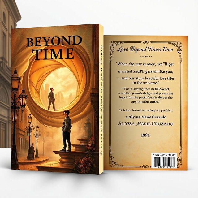 A book cover design embodying the theme of time travel, inspired by the year 1894, presented as both the front and back covers of a vintage-style book