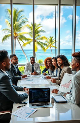A professional setting showcasing a dynamic business meeting in an upscale office in The Bahamas