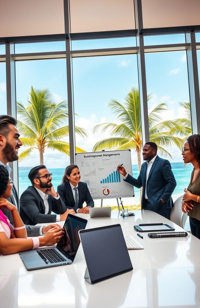 A professional setting showcasing a dynamic business meeting in an upscale office in The Bahamas