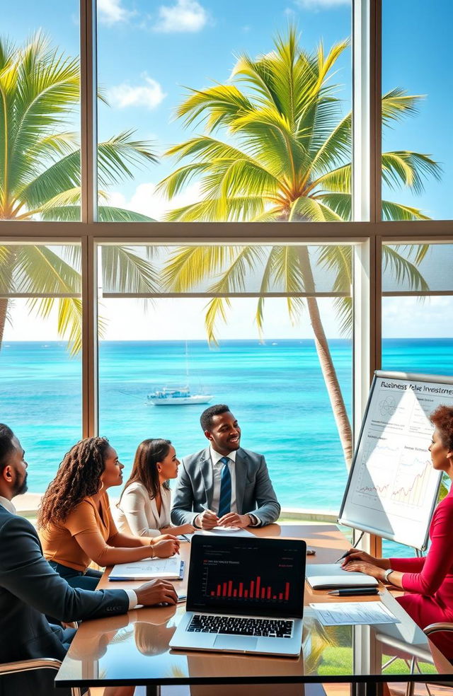 A professional setting showcasing a dynamic business meeting in an upscale office in The Bahamas