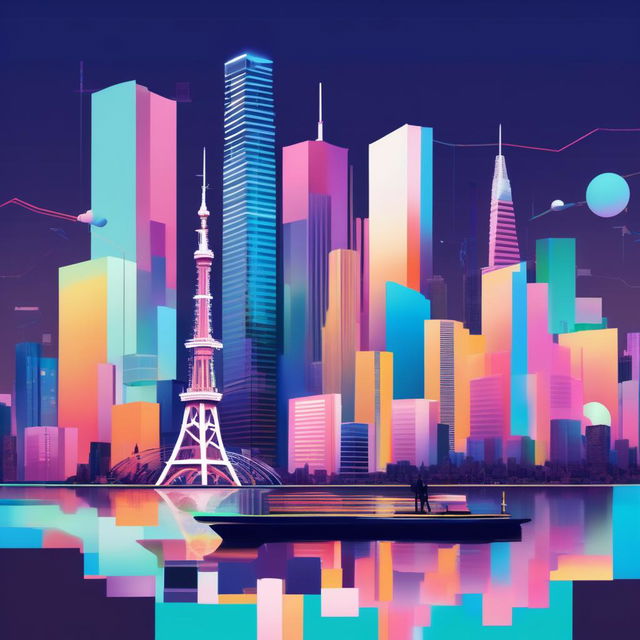 Jazz fusion album cover in pastel colors featuring a glitched Tokyo cityscape with floating musical instruments.