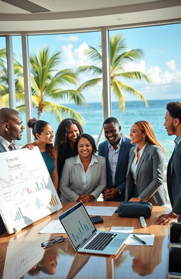 A professional setting showcasing a dynamic business meeting in an upscale office in The Bahamas