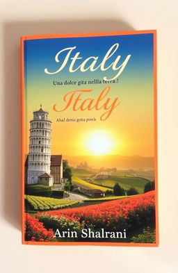 A stunning book cover showcasing the beauty of Italy, featuring iconic elements such as the Leaning Tower of Pisa, picturesque rolling hills, and vibrant flower fields
