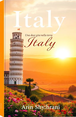 A stunning book cover showcasing the beauty of Italy, featuring iconic elements such as the Leaning Tower of Pisa, picturesque rolling hills, and vibrant flower fields