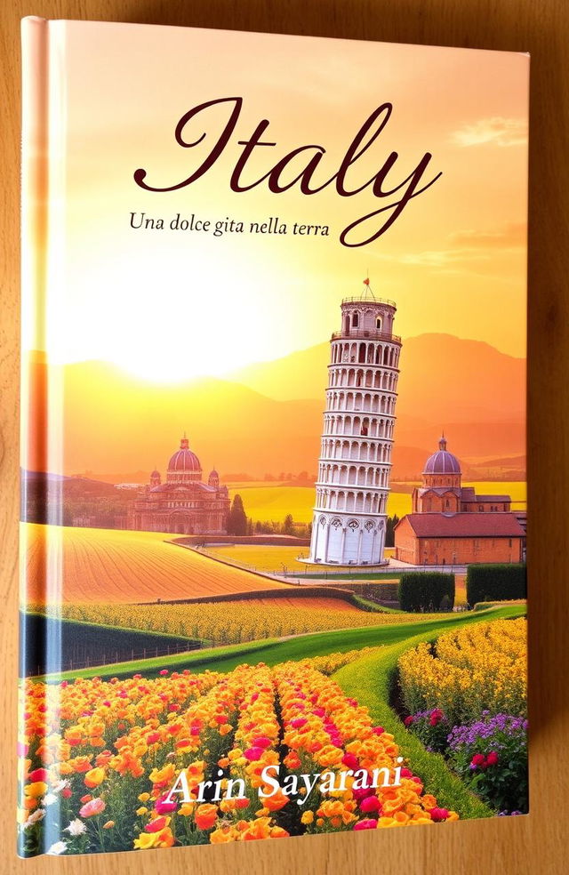 A stunning book cover showcasing the beauty of Italy, featuring iconic elements such as the Leaning Tower of Pisa, picturesque rolling hills, and vibrant flower fields