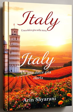 A stunning book cover showcasing the beauty of Italy, featuring iconic elements such as the Leaning Tower of Pisa, picturesque rolling hills, and vibrant flower fields
