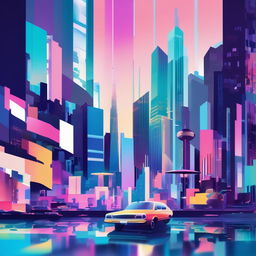 Jazz fusion album cover in pastel colors featuring a glitched Tokyo cityscape with floating musical instruments.