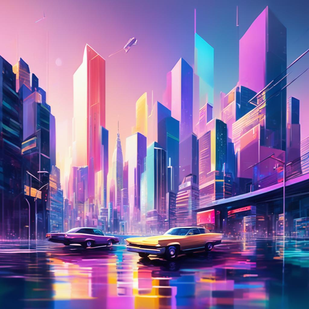 36k wide-angle jazz fusion album cover in pastel colors featuring a glitched Tokyo cityscape with floating musical instruments