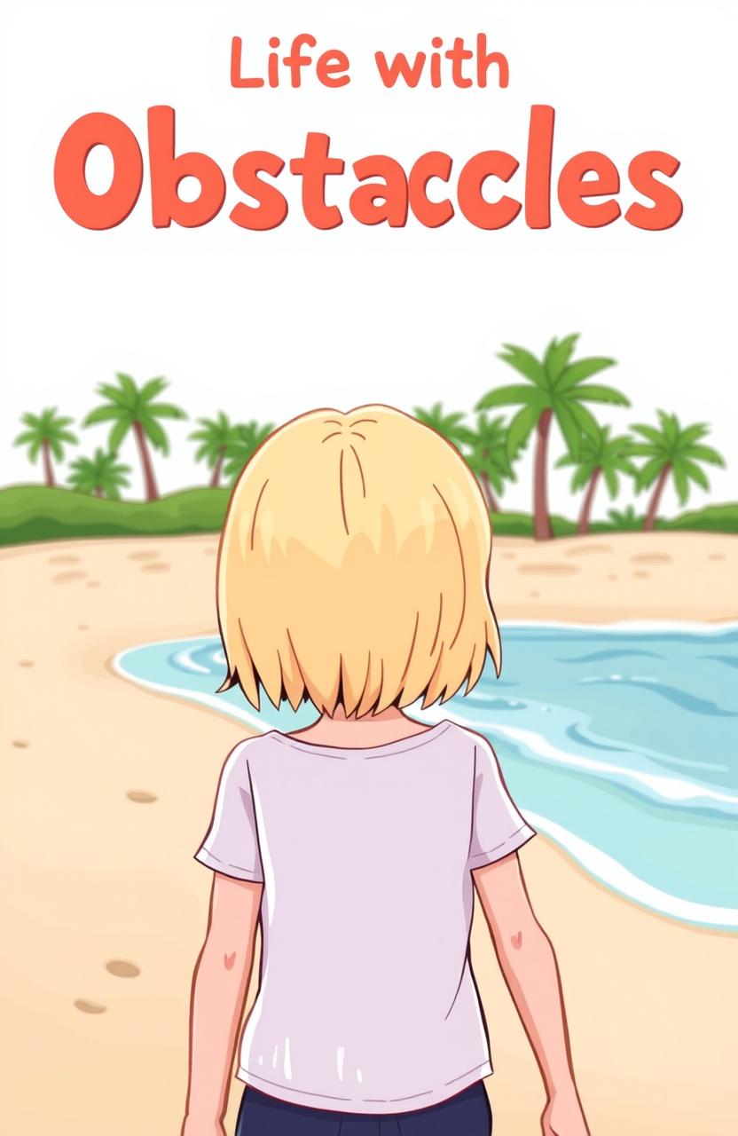 A cartoon-style book cover featuring a girl with shoulder-length blonde hair and blue-gray eyes, seen from behind as she walks along a sandy beach