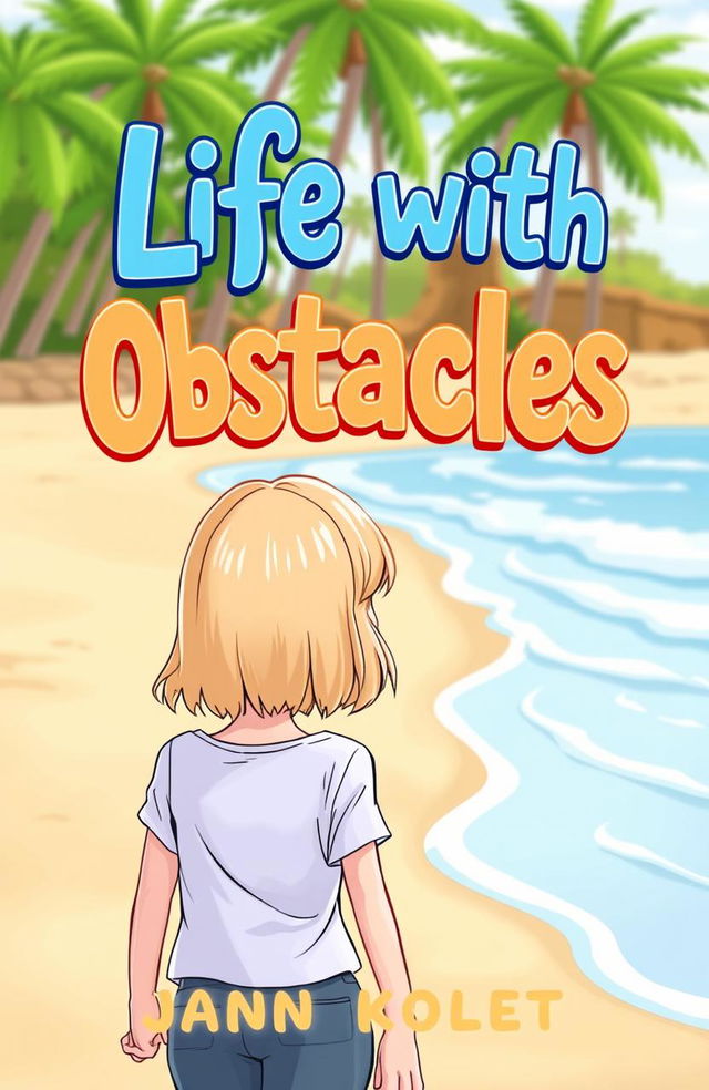 A cartoon-style book cover featuring a girl with shoulder-length blonde hair and blue-gray eyes, seen from behind as she walks along a sandy beach