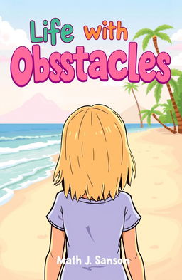 A cartoon-style book cover featuring a girl with shoulder-length blonde hair and blue-gray eyes, seen from behind as she walks along a sandy beach