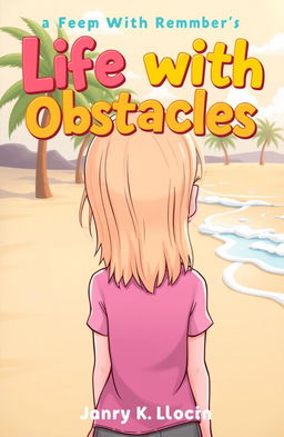 A cartoon-style book cover featuring a girl with shoulder-length blonde hair and blue-gray eyes, seen from behind as she walks along a sandy beach