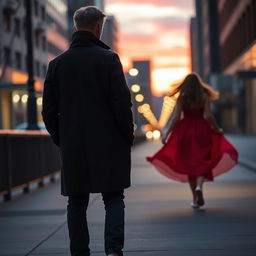 A poignant scene featuring a person standing on a sidewalk, watching a girl in a flowing red dress leave