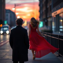 A poignant scene featuring a person standing on a sidewalk, watching a girl in a flowing red dress leave