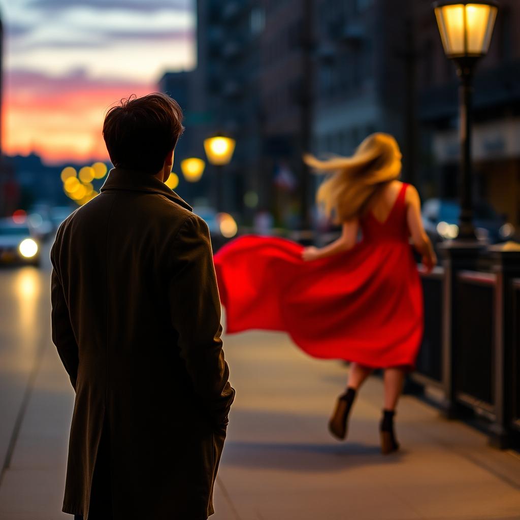 A poignant scene featuring a person standing on a sidewalk, watching a girl in a flowing red dress leave