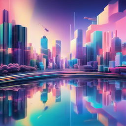 36k wide-angle jazz fusion album cover in pastel colors featuring a glitched Tokyo cityscape with floating musical instruments